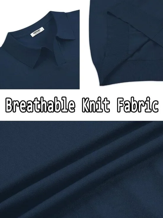 Women's Navy Blue V-Neck Short Sleeve Stretch Knit Polo Shirt Top - Picture 5 of 5